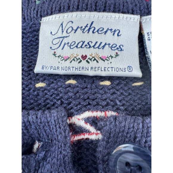 Vintage 80s Northern Treasures blue embroidered Christmas Holiday cardigan M - Picture 5 of 14